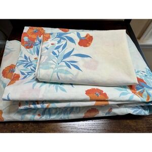 VTG 3 Pc Twin Sheet Set Floral 70s Orange Blue Flowers Percale USA